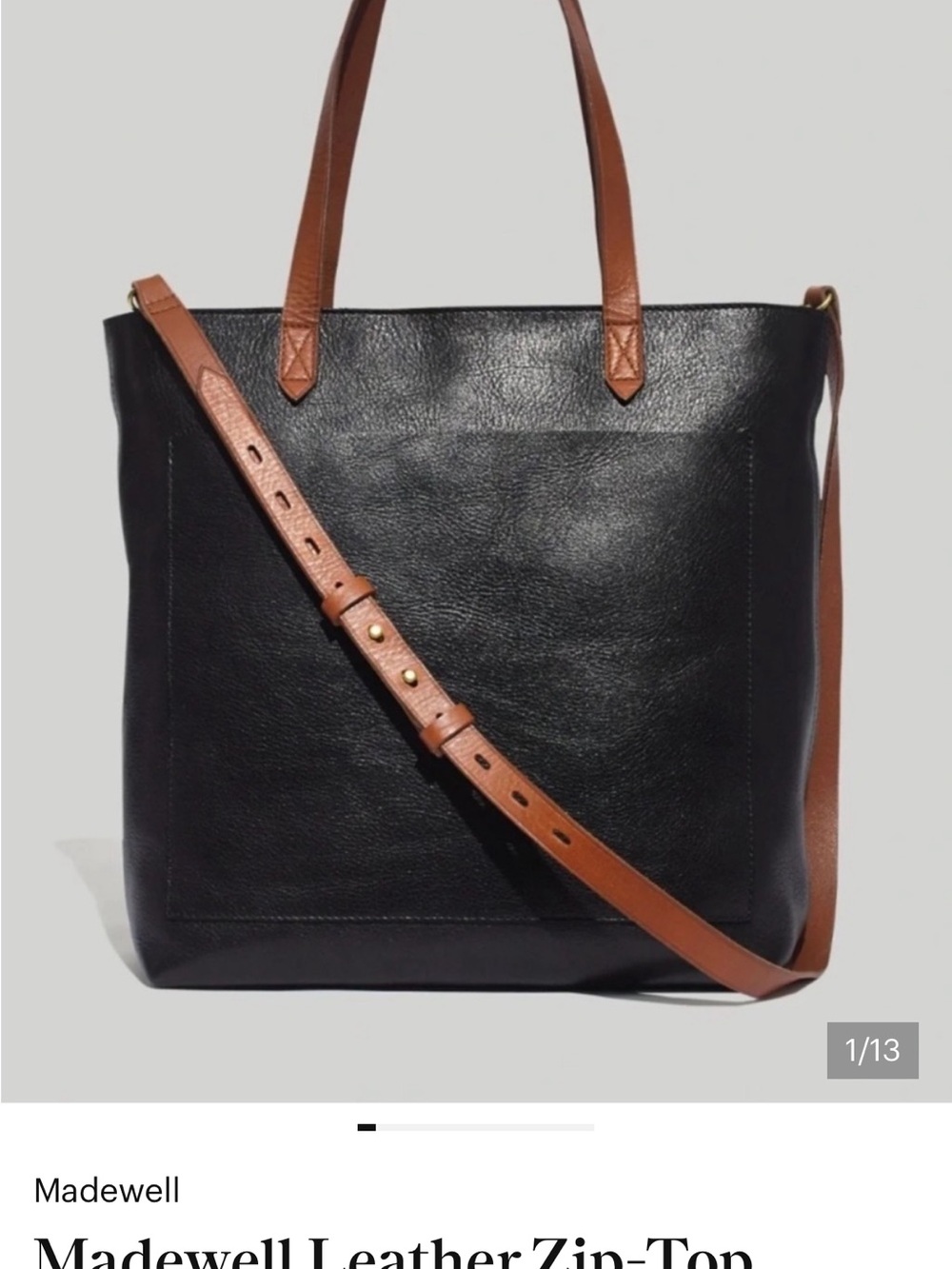 Madewell Black Leather Tote with Brown Adjustable Strap